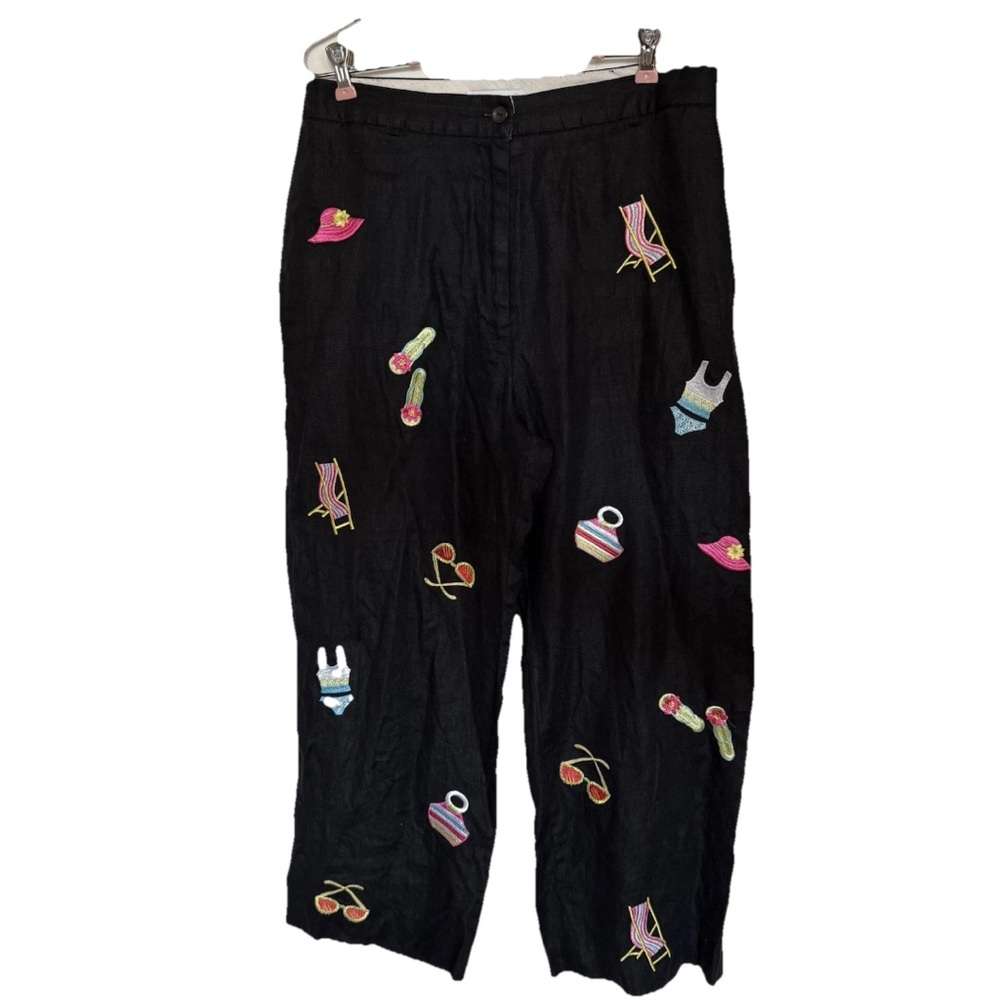 Pure & Simple Linen Pants Womens 10‎ Embroidered Cropped Black Resort Beach Sun